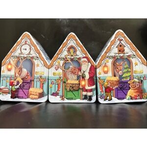 Christmas Tin House Set Santa Reindeer Holiday Decor Collection set of 3